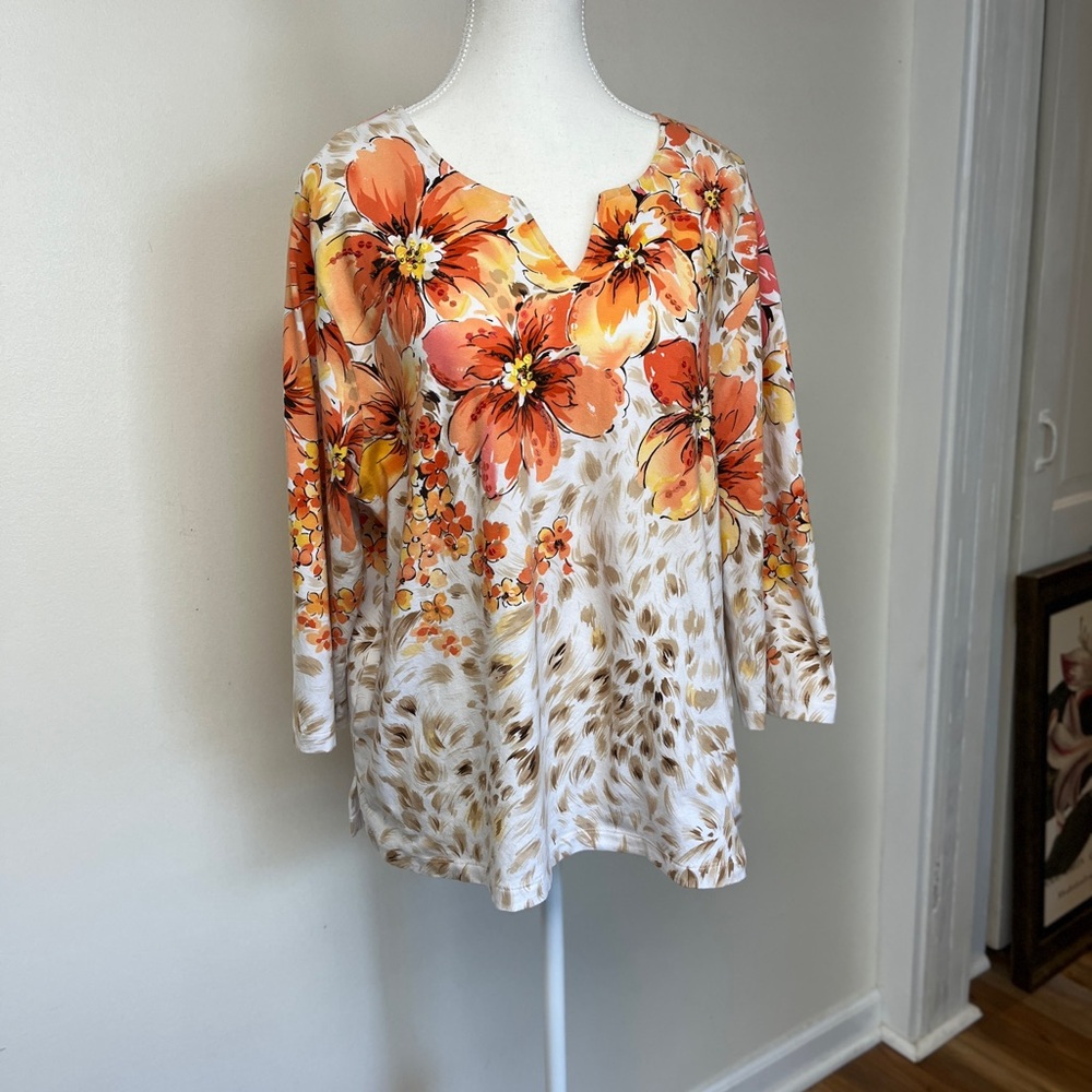 Alfred Dunner White Cream Floral 3/4 Sl Blouse, EUC, Sz PXL, P2P 24”, Cotton